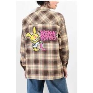 Broken Promises X Happy Bunny Grafitti Flannel Button Front Shirt sz LG